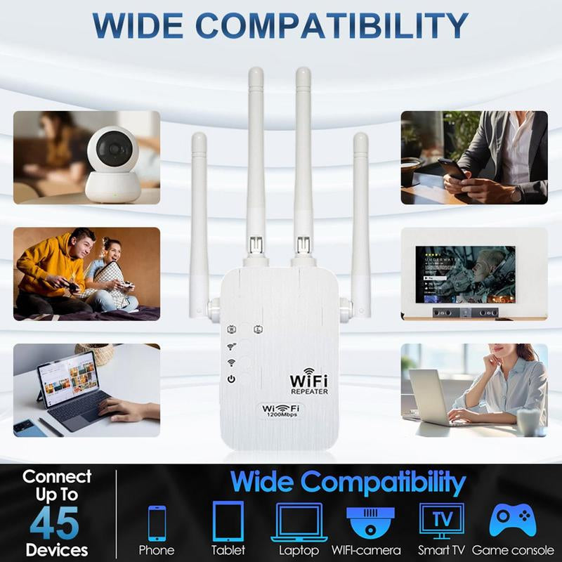 Wifi Extender 2025, 1200Mbps Dual Band (5Ghz/2.4Ghz) Wifi Booster, Covers 10,000 Sq. Ft & 50 Devices, Repeater/Ap/Router with Ethernet Port, Ideal for Home & Office Wifi Repeater Backyard Extender Wifi Extender
