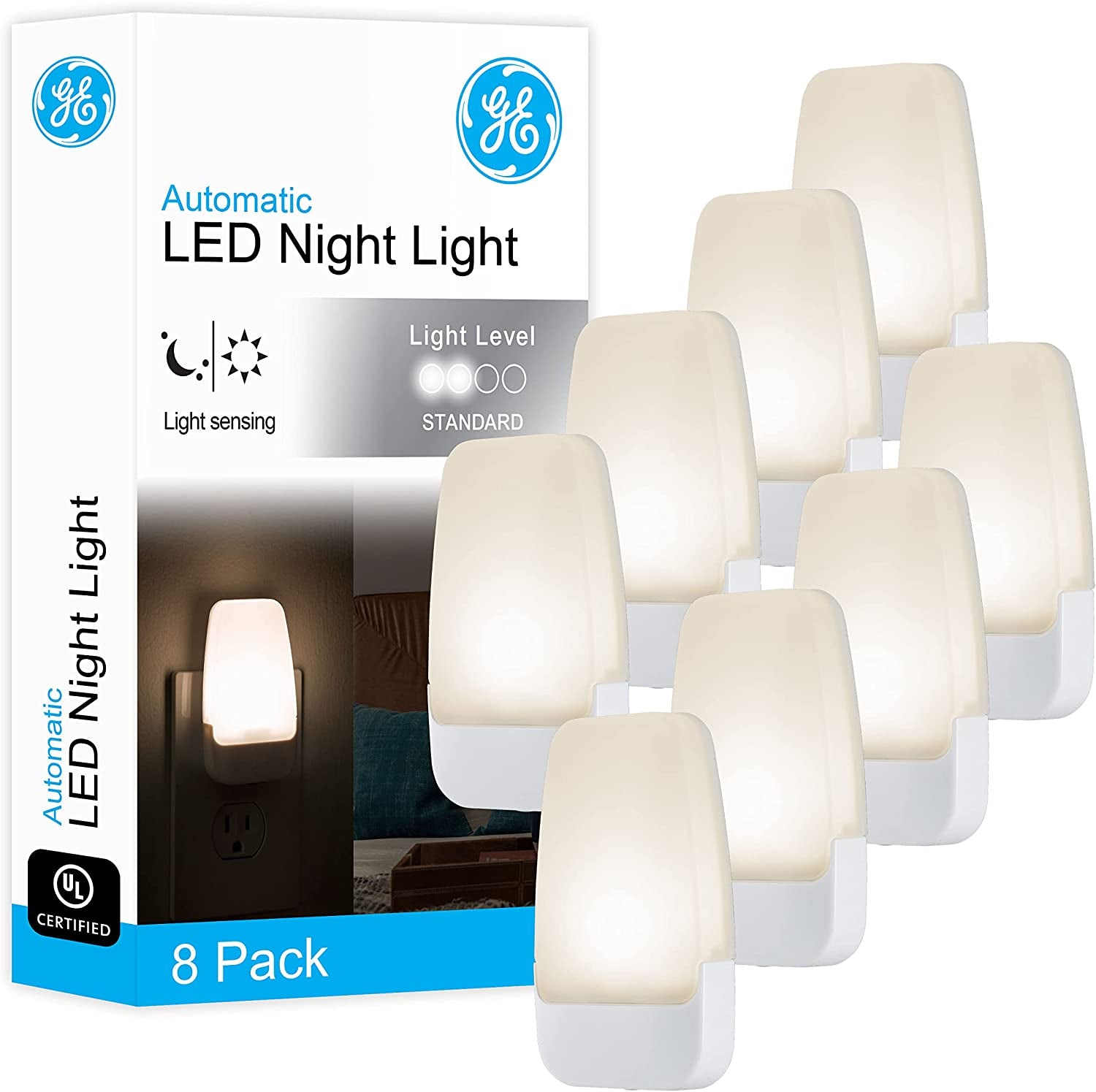 GE LED Plug-In Night Light, Dusk-to-Dawn Sensor, Warm White Ambient Lighting for Kids & Adults, Bedroom, Bathroom, Nursery, Hallway & Kitchen, UL Certified (8 Pack, 46478)