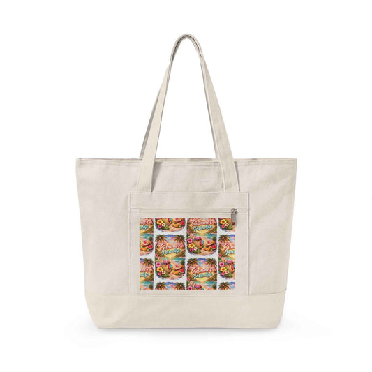 Summer Paradise Canvas Tote Bag – Double-Sided Good Vibes Beach Tote with Zipper Closure, Heavy Cotton Reusable Tote Bag for Travel, Shopping, Work & Everyday Use