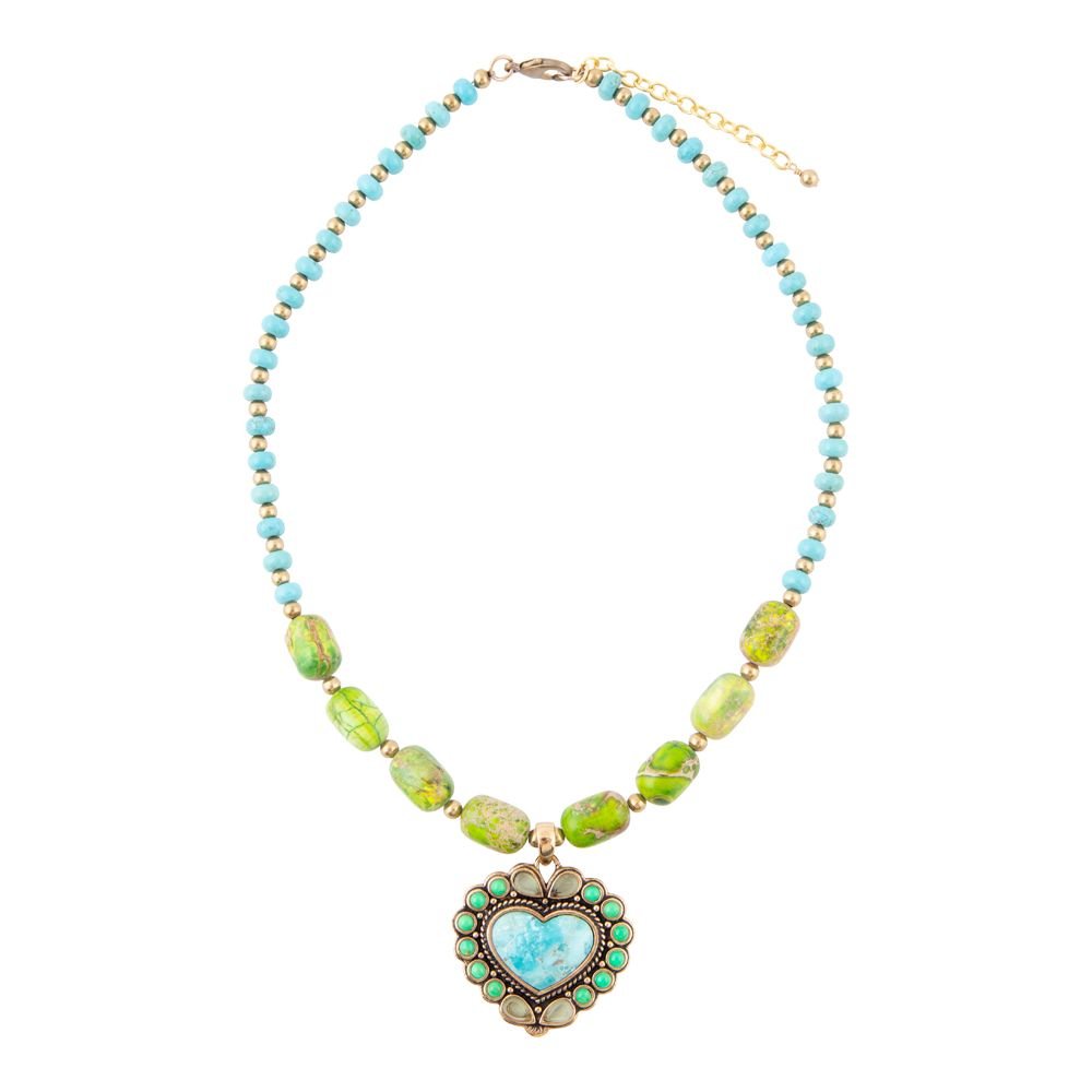 Legacy Heart Lime Green and Blue Turquoise Golden Pendant Necklace