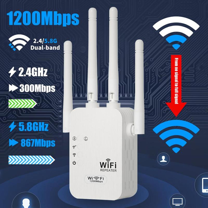 Wifi Extender 2025, 1200Mbps Dual Band (5Ghz/2.4Ghz) Wifi Booster, Covers 10,000 Sq. Ft & 50 Devices, Repeater/Ap/Router with Ethernet Port, Ideal for Home & Office Wifi Repeater Backyard Extender Wifi Extender