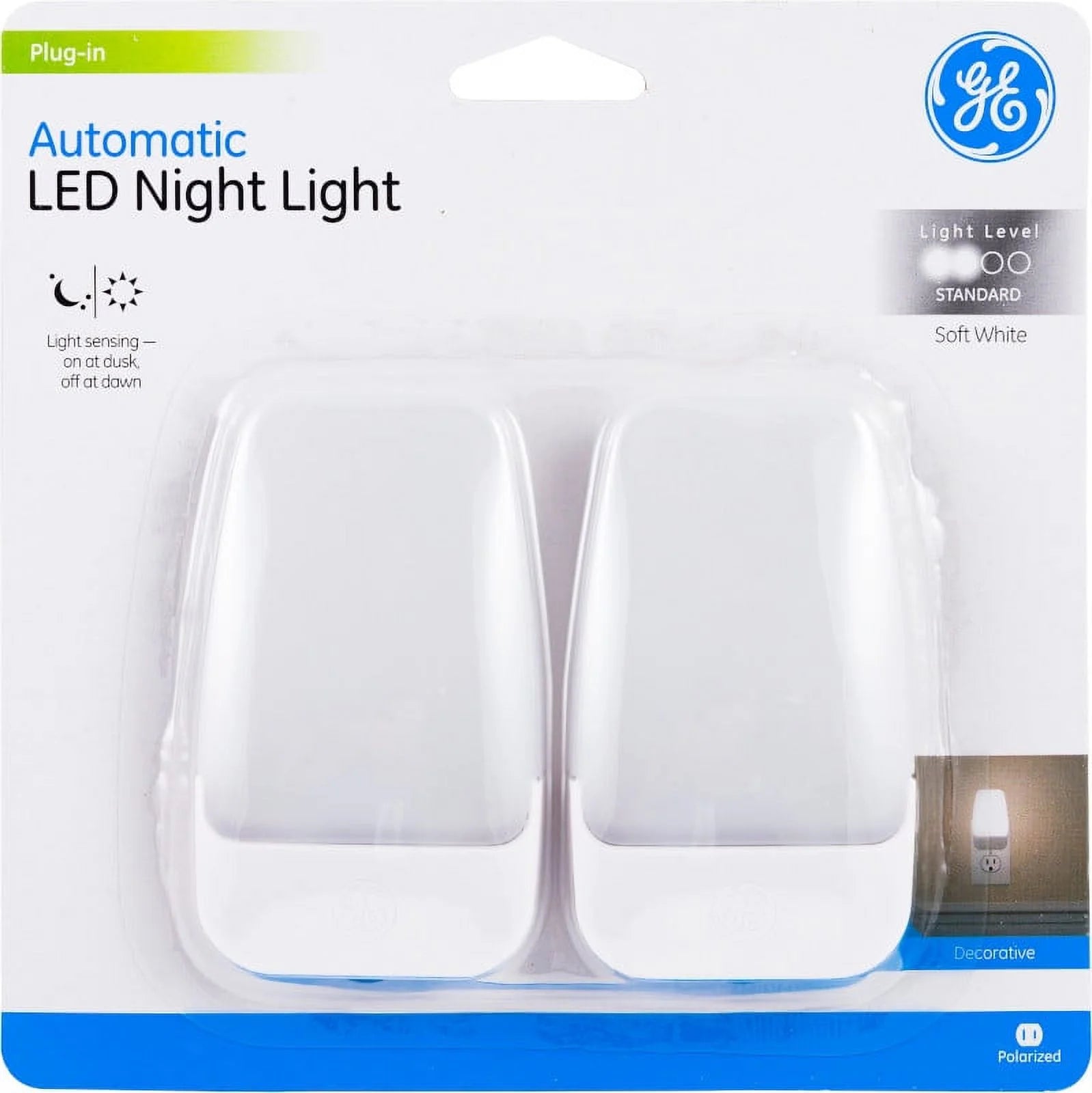GE Automatic LED Plug-In Night Light, Dusk-to-Dawn Light Sensing, Warm White, 5 in., Compact Outlet Design, UL Listed, Bedroom/Bathroom/Hallway, 2-Pack