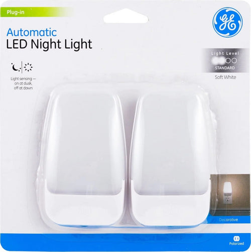 GE Automatic LED Plug-In Night Light, Dusk-to-Dawn Light Sensing, Warm White, 5 in., Compact Outlet Design, UL Listed, Bedroom/Bathroom/Hallway, 2-Pack