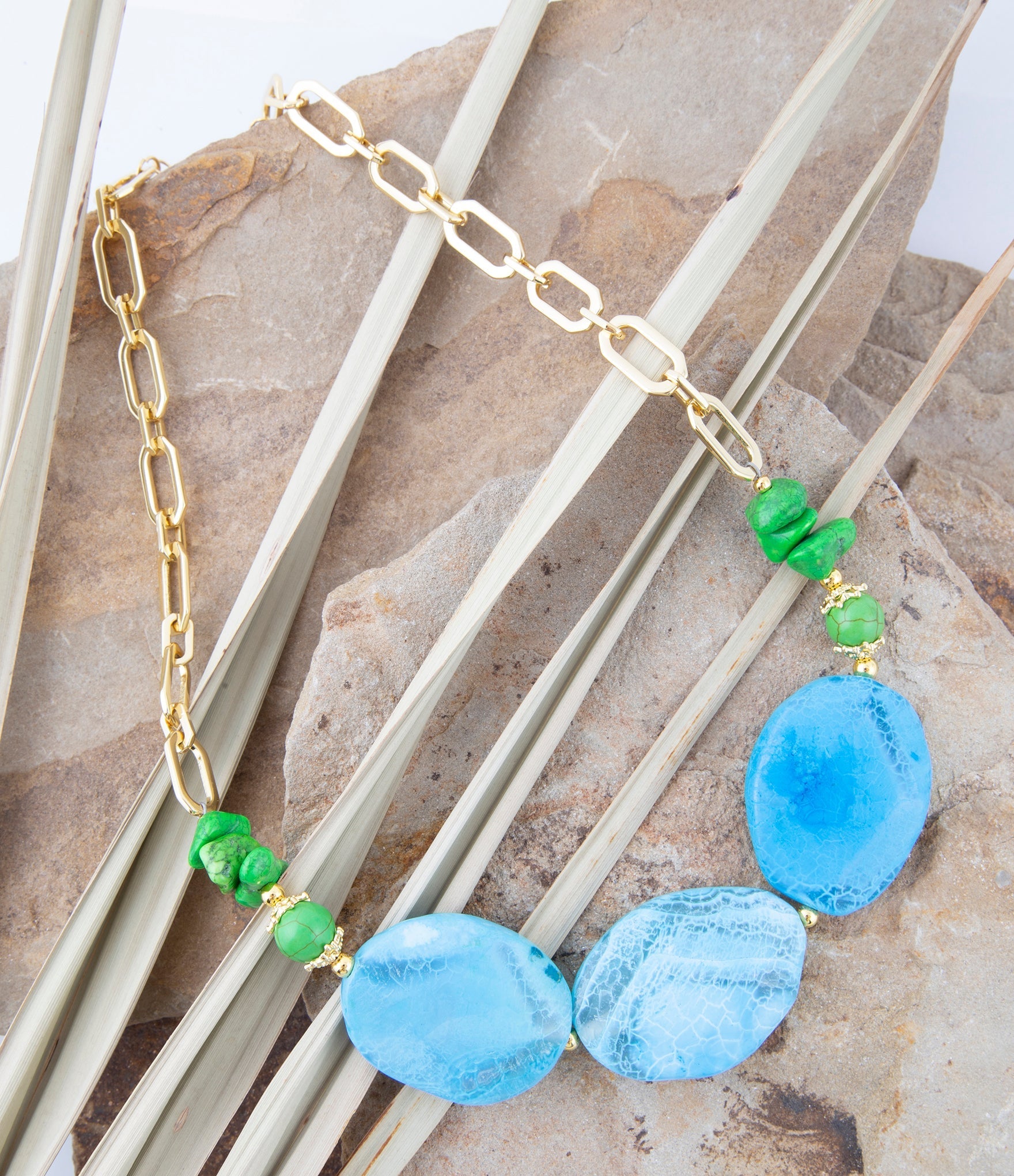 Fresh Twist Lime and Blue Agate Golden Chunky Necklace