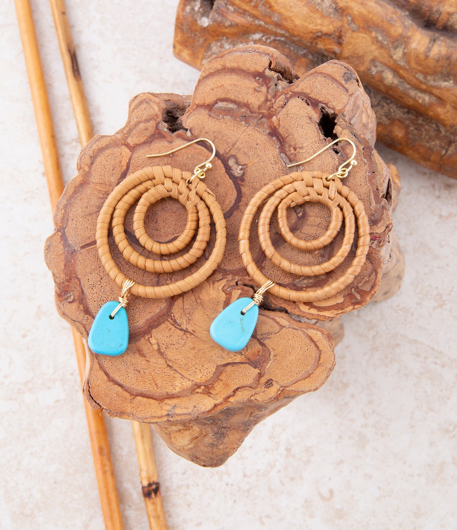Tulum Blue Magnesite Rattan Golden Drop Earrings